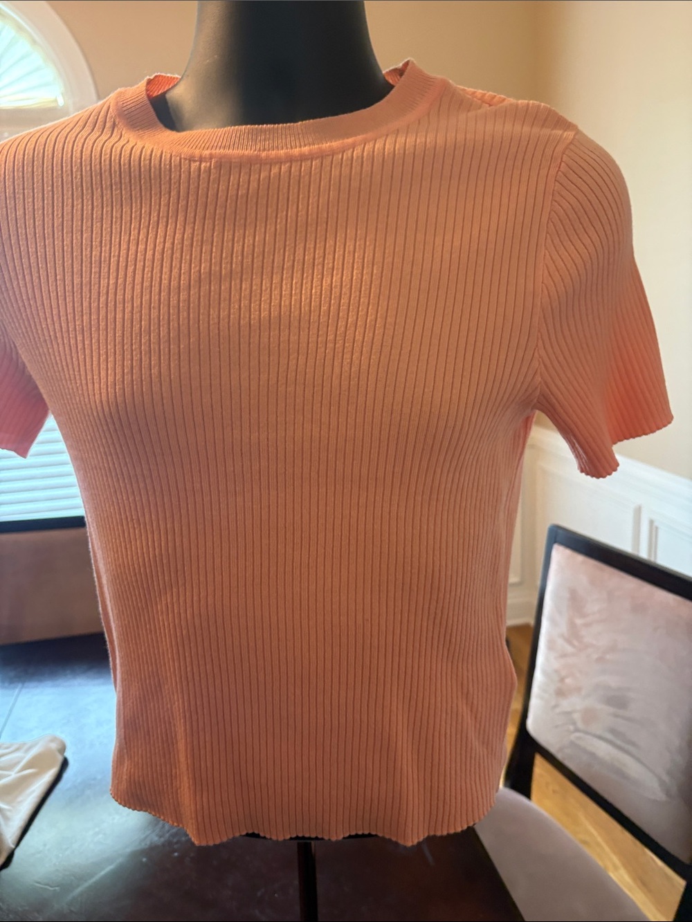 Ribbed Knit Short Sleeve Top - Peach Pink